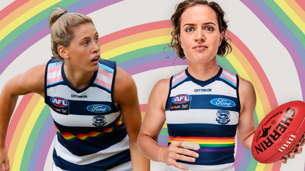 Geelong AFLW players against rainbow motif background