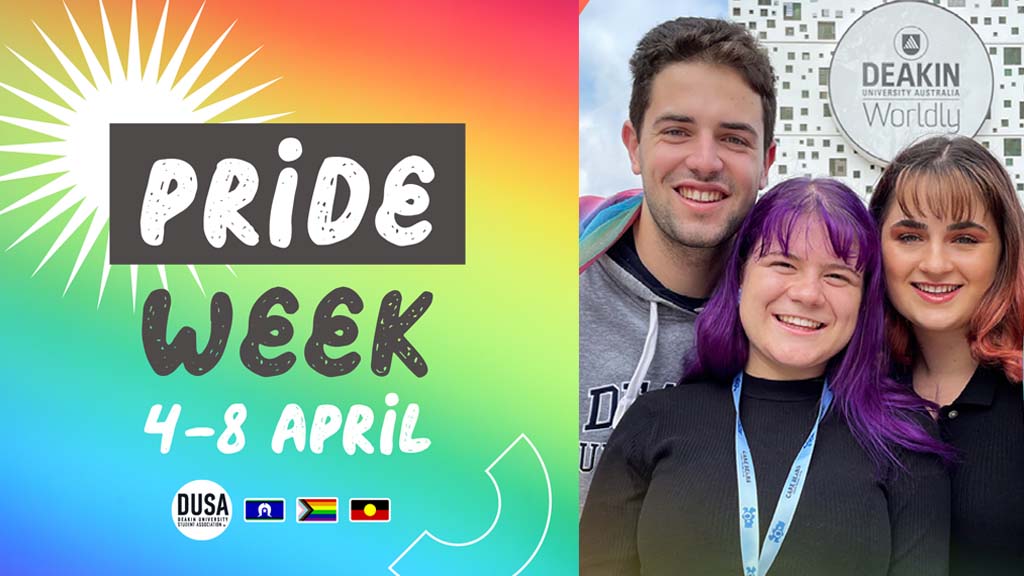 2022 DUSA Pride Week branding and students at a previous event