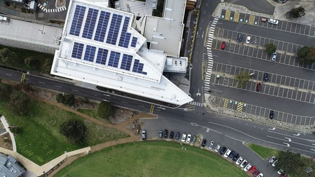 Aerial view of solar panels on roof at Burwood Campus