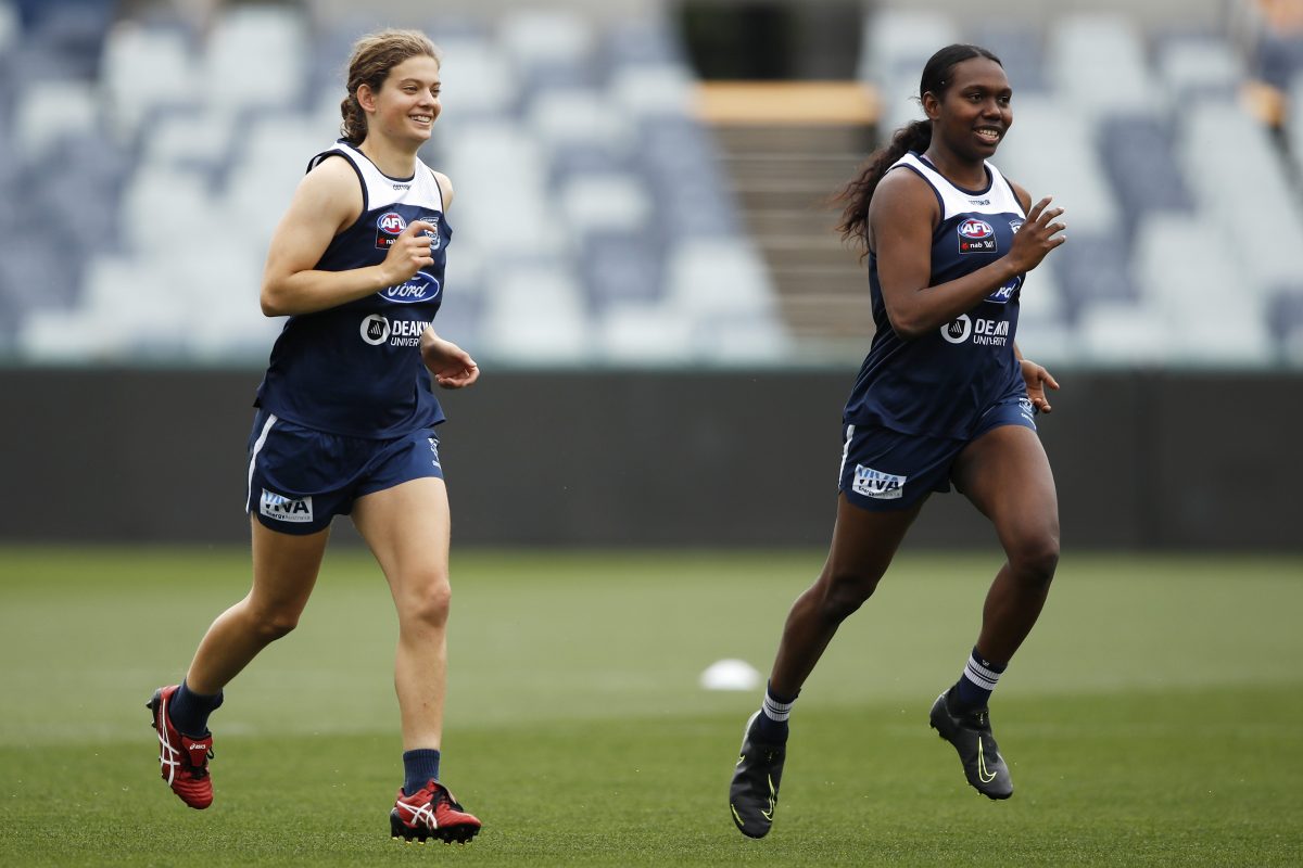 Geelong AFLW players Nina Morrison and Stephanie Williams