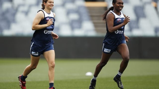Geelong AFLW players Nina Morrison and Stephanie Williams
