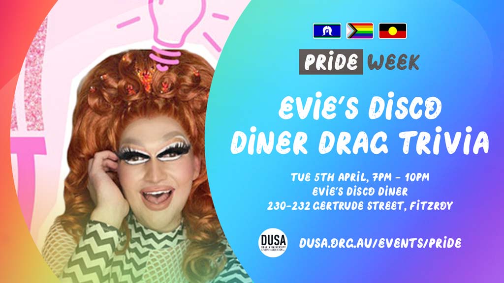 DUSA Pride Week branding for Evie's Disco Diner Drag Trivia