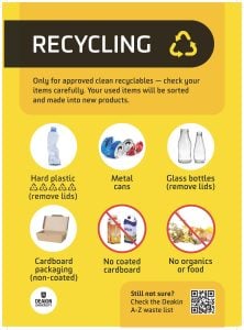 Recycling. Only for approved clean recyclables – check your items carefully. Your used items will be sorted and made into new products. Hard plastic (remove lids), metal cans, glass bottles (remove lids), cardboard packaging (non-coated), no coated cardboard, no organics or food. Still not sure? Check the Deakin A–Z Waste List.