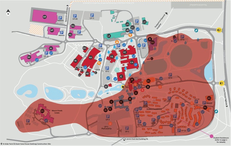 Waurn Ponds Campus map showing affected buildings