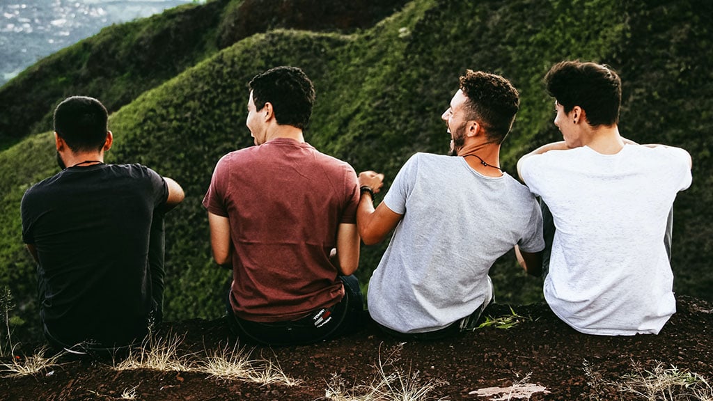 Rear view of four young men on hillside