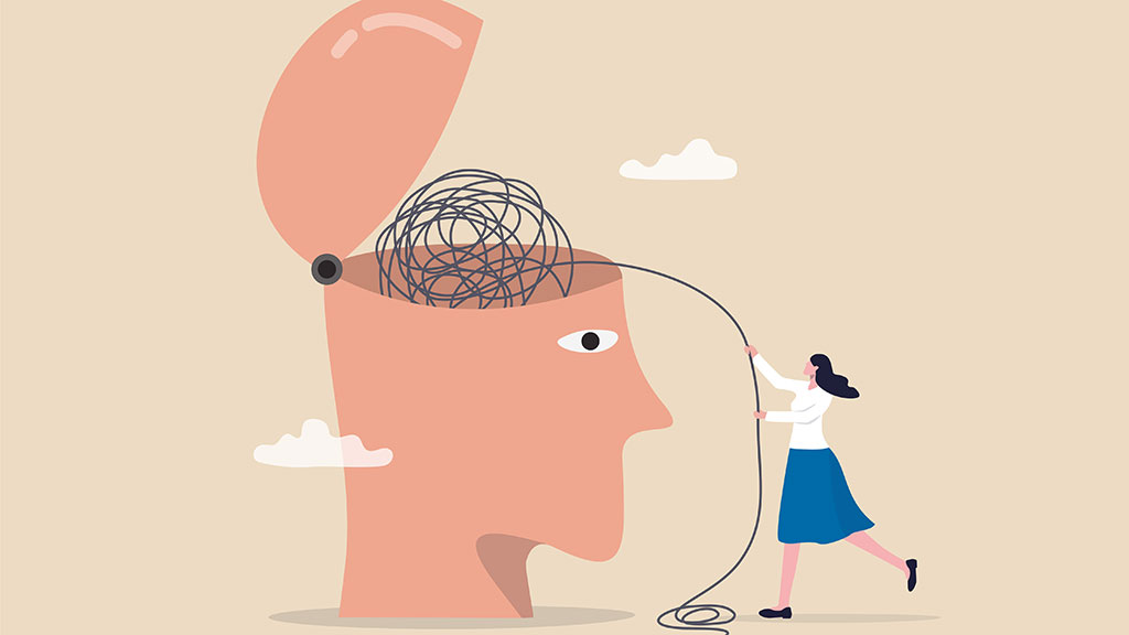 Illustration of person helping to unravel knot of problems in person's head