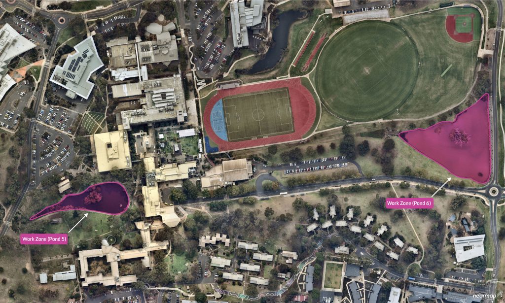 Aerial view of Waurn Ponds campus with ponds 5 and 6 highlighted