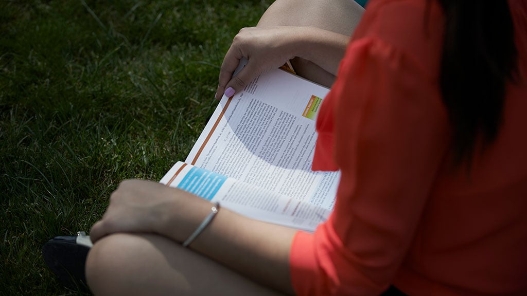 Cropped shot of student reading textbook