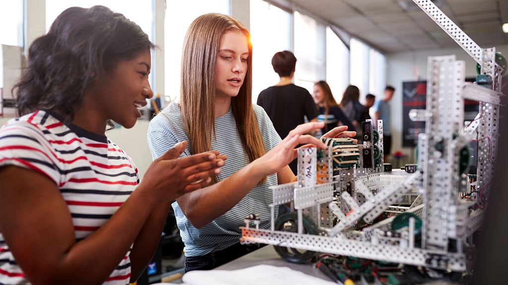 Two female students in robotics class