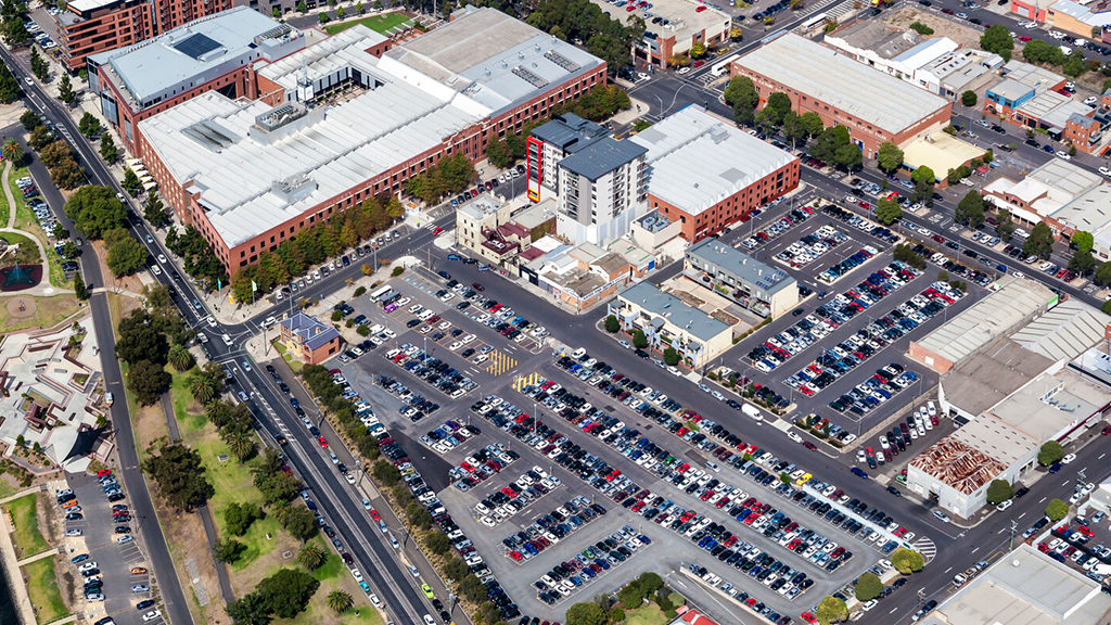 An aerial shot of Deakin Waterfront Campus car park