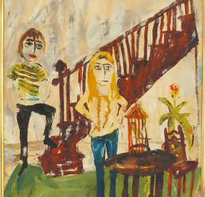 Artwork of a man and women standing in a living room. The man at the base of a staircase, the woman at a small sitting table.