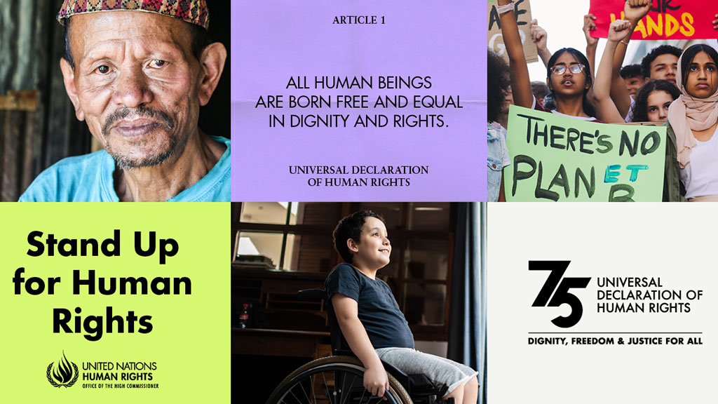 Montage of images to promote Universal Declaration of Human Rights. Article 1: All human beings are bron free and equal in dignity and rights. Stand up for human rights. Dignity, freedom and justice for all.