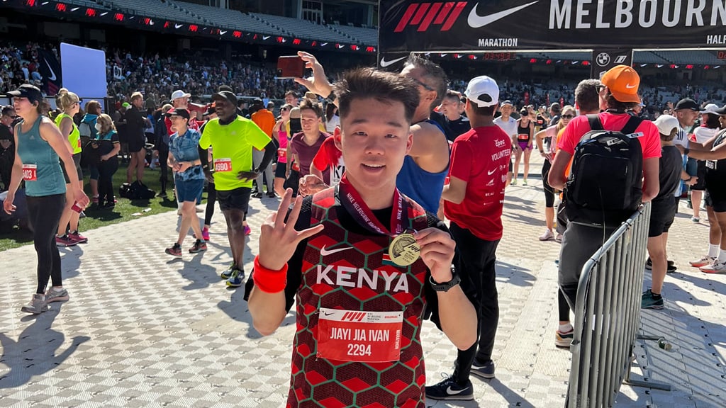 Student Ivan Jia after finishing a Melbourne Marathon