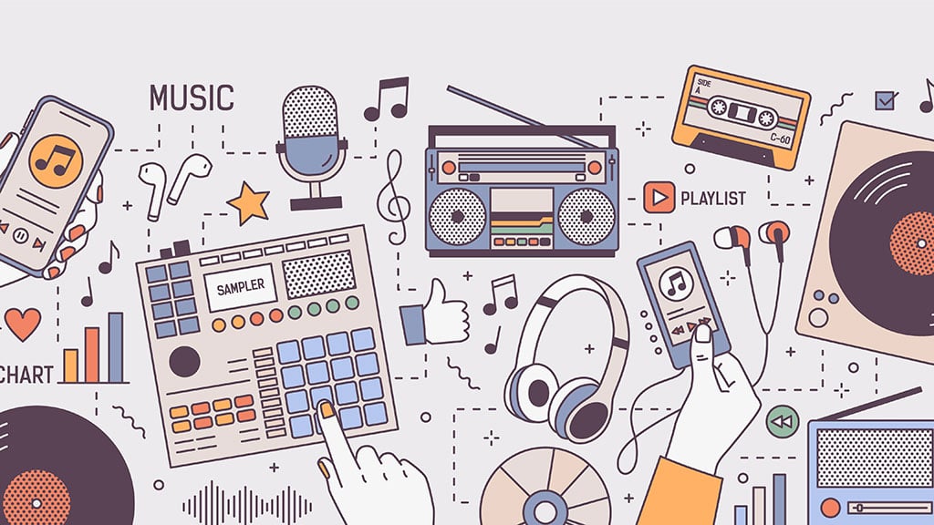 Colorful horizontal banner with hands and devices for music playing and listening - player, boombox, radio, microphone, earphones, turntable, vinyl records. Vector illustration in line art style