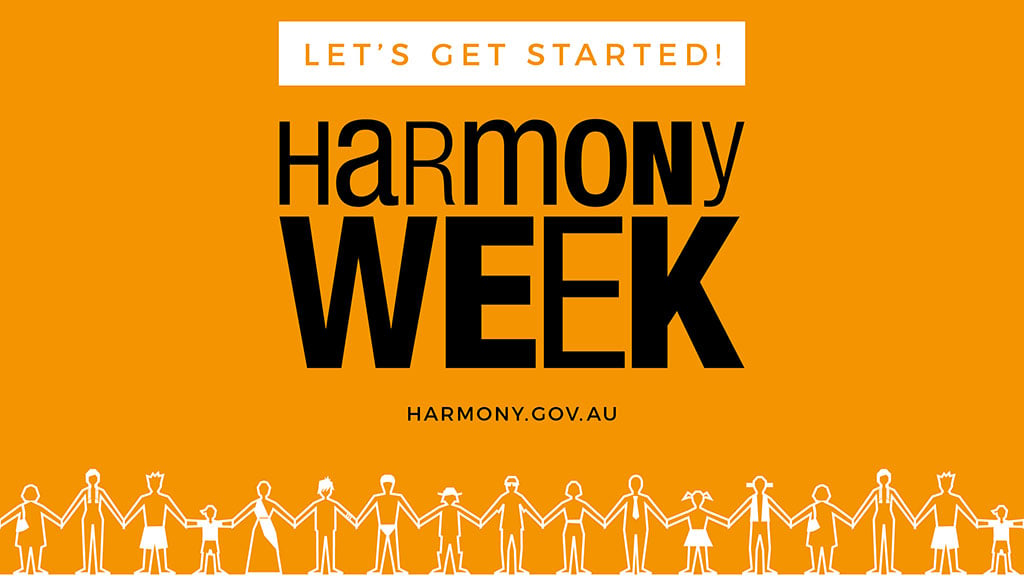 Outline of people holding hands under the banner of 'Harmony Week: let's get started'.