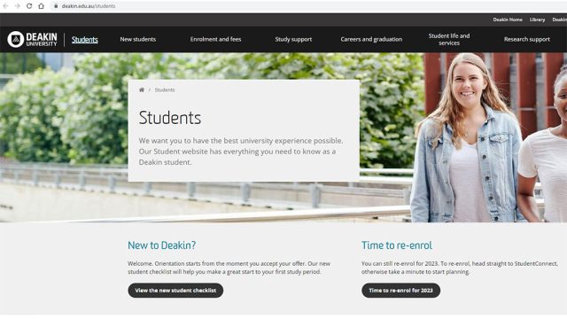 Screenshot of Deakin student website home page
