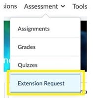 Drop-down Assessment menu, with the options of Assignments, Grades, Quizzes, Extension Request