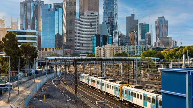 Metro train on outskirts of Melbourne CBD