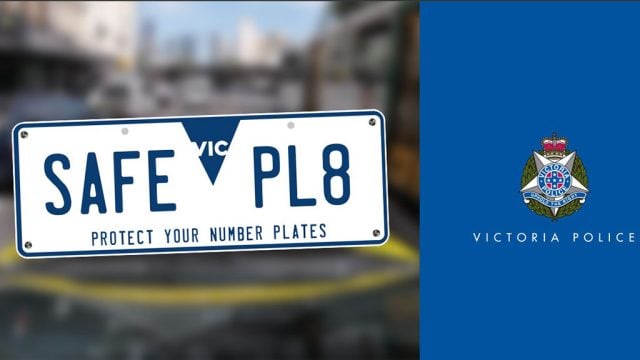 Number plate with the text: SAFE PL8: protect your number plates. Victoria Police logo.