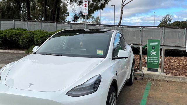 Tesla being charged at Waurn Ponds EV charging station