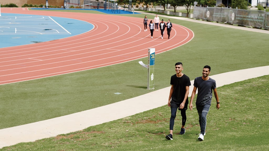 Two students smiling as they walk together through the sports precinct at Waurn Ponds Campus