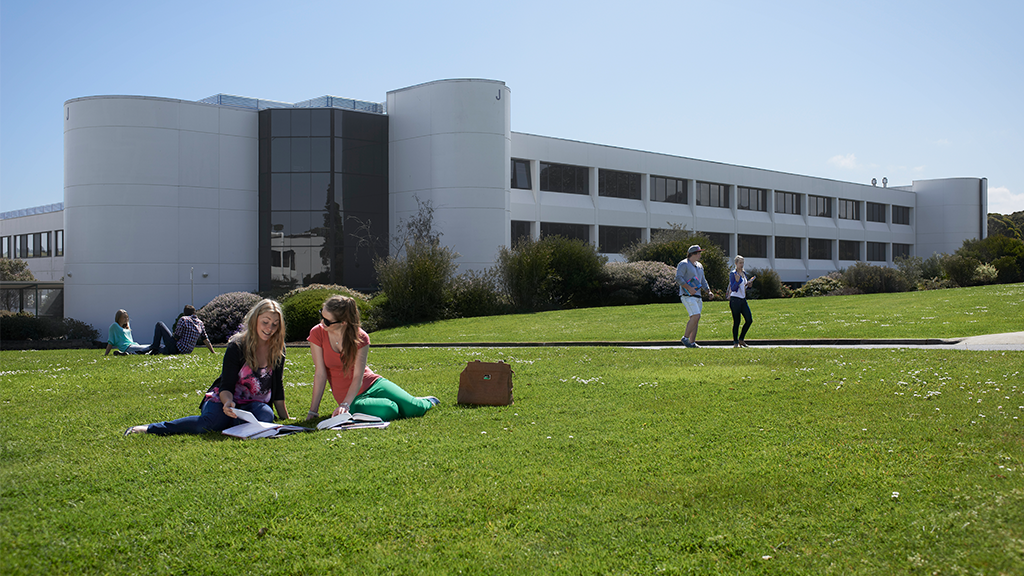 Warrnambool Deakin Campus two students sitting