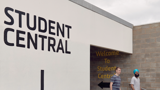 Students exiting Student Central at Warrnambool campus