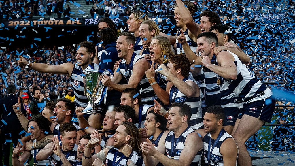 Geelong Cats celebrating their 2022 AFL premiership victory.