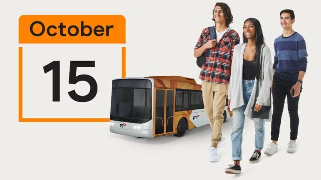 Illustration of three students, a PTV bus and a calendar page showing 15 October