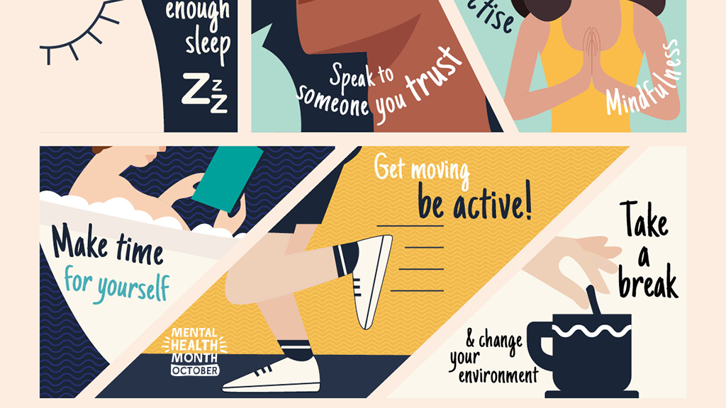 Collage of graphics and tips relating to self-care
