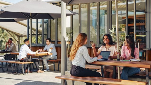 Students chatting in outdoor area at Burwood Campus