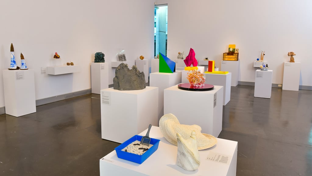 Shortlisted sculptures for the 2023 Deakin Contemporary Small Sculpture Award on display at the Deakin University Art Gallery