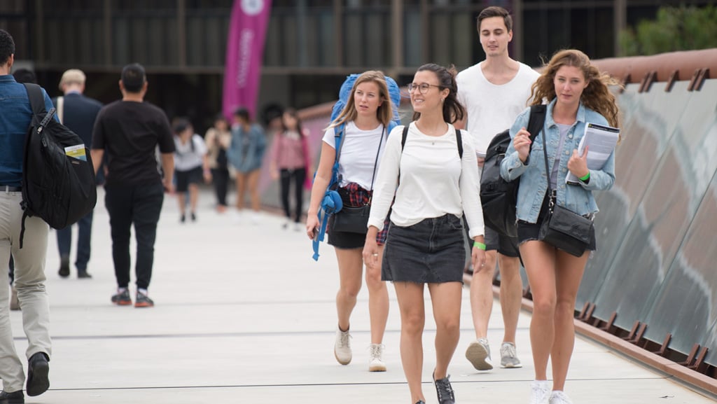 Students walking along footbridge at Burwood Campus during Orientation