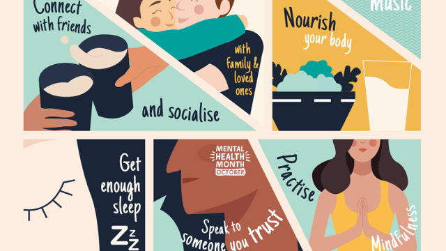 Collage of graphics and tips relating to self-care