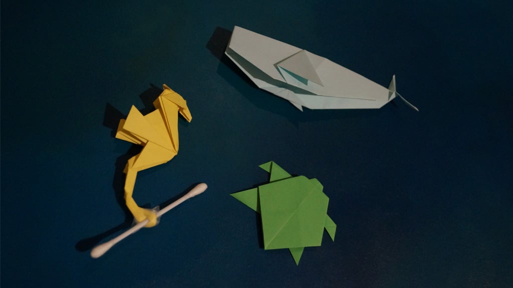 Origami figures of sea life