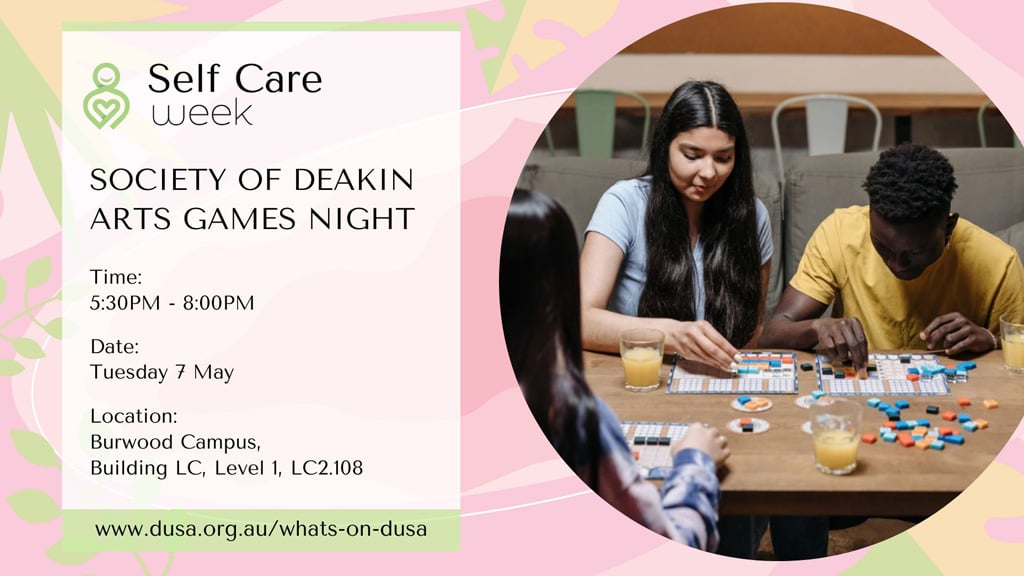 DUSA Self Care Week Arts Games Night event branding