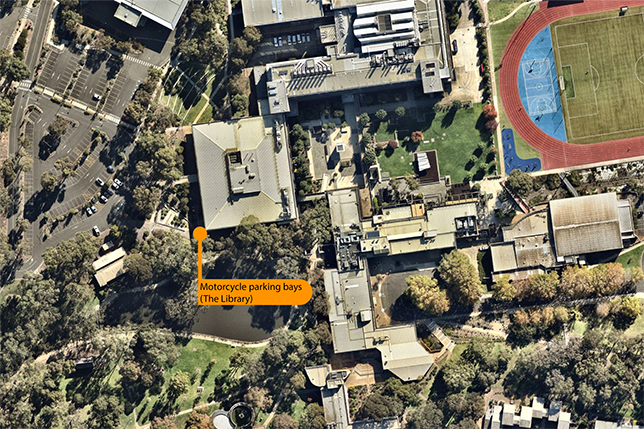 Aerial view of Waurn Ponds campus pointing out the Motorcycle parking bays next to the library