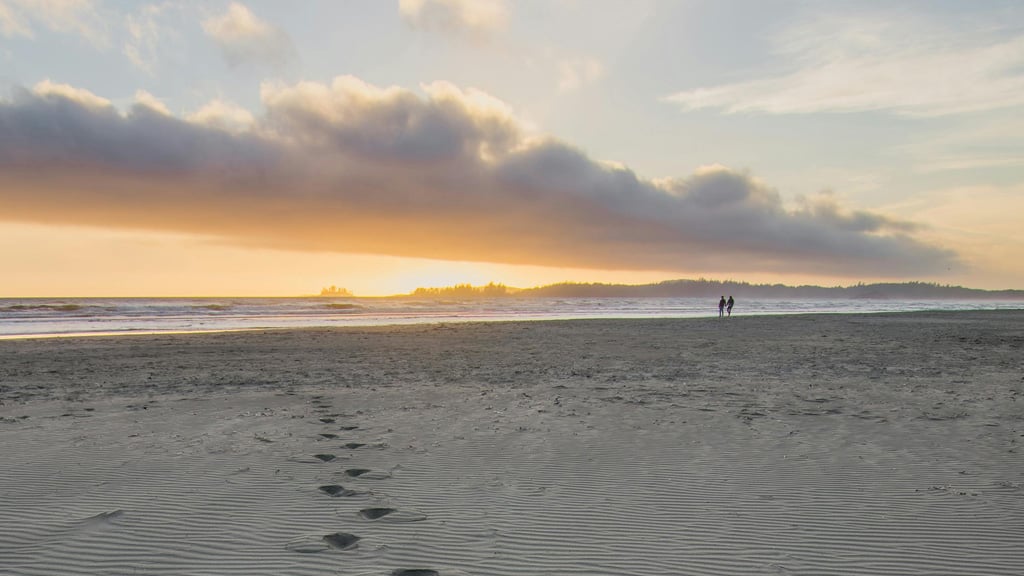 Footprints on a beach at sunset