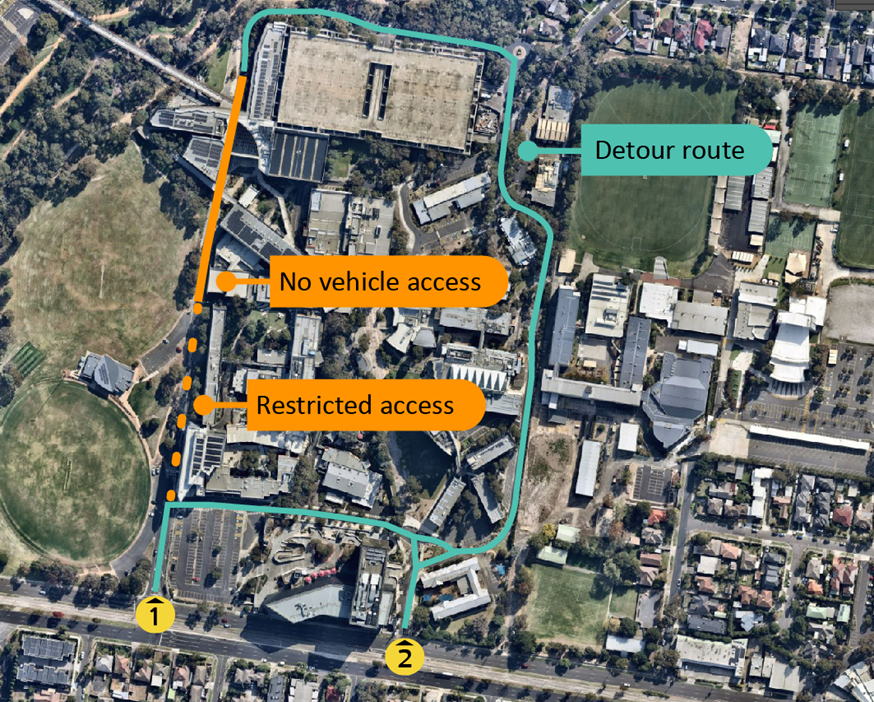 An overhead view of the campus marking where Holland Avenue will be closed and where the detour will take place.