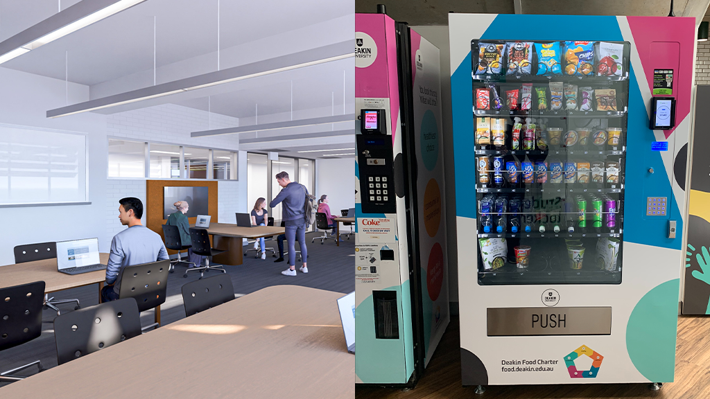 Image of the upgraded spaces and of a vending machine on campus