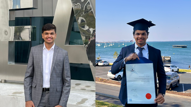 Recent graduate Bhavya Bagaria, starting his studies and then graduating