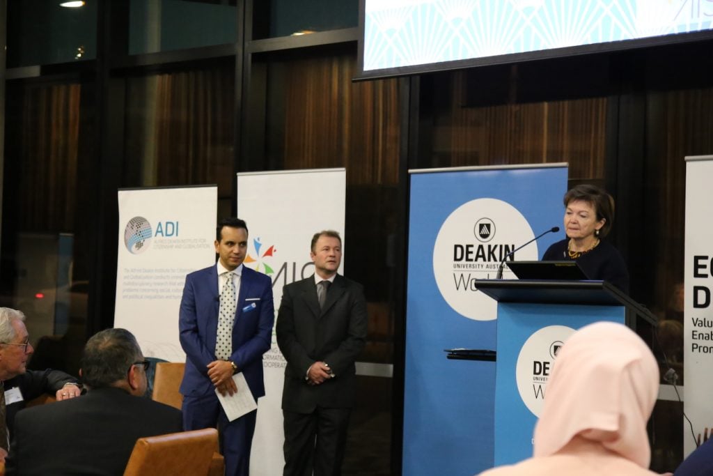 Deakin University Vice-Chancellor Prof Jane den Hollander welcomes the guests; as Prof Fethi Mansouri (left) and Mr Ahmet Keskin look on.