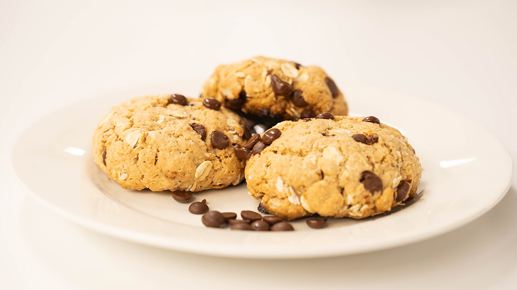 Freshly baked oat chocolate chip biscuits.