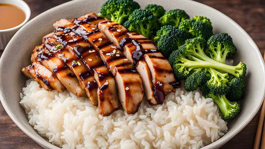 Simple bowl of satay chicken, broccoli and white rice.