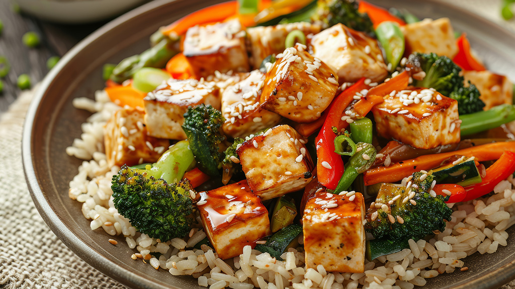 Bowl of Szechuan vegan fried rice with tofu, broccoli, capsicum and garnished with sesame seeds.