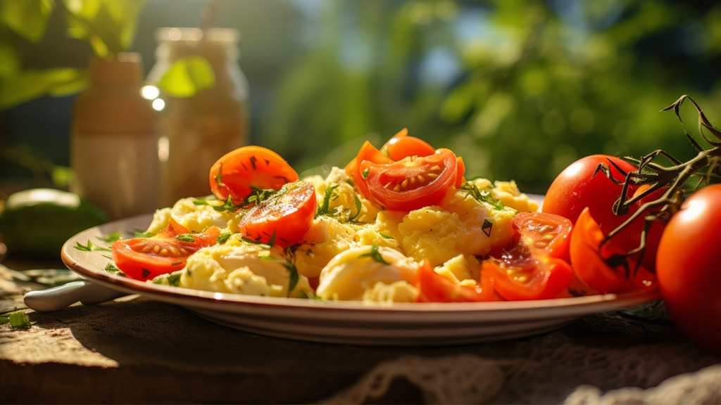 Plate of scrambled eggs and cherry tomatoes.